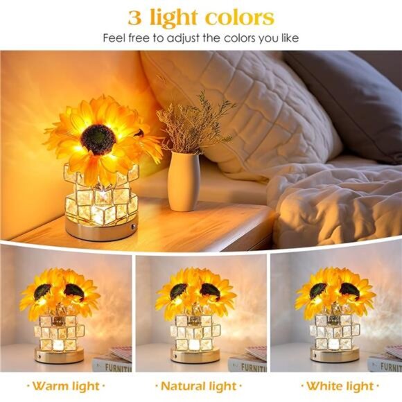 Sunflower Table Lamp Rechargeable Touch Night Light 3 Color Dimmable Gift for Wo - Picture 3 of 7